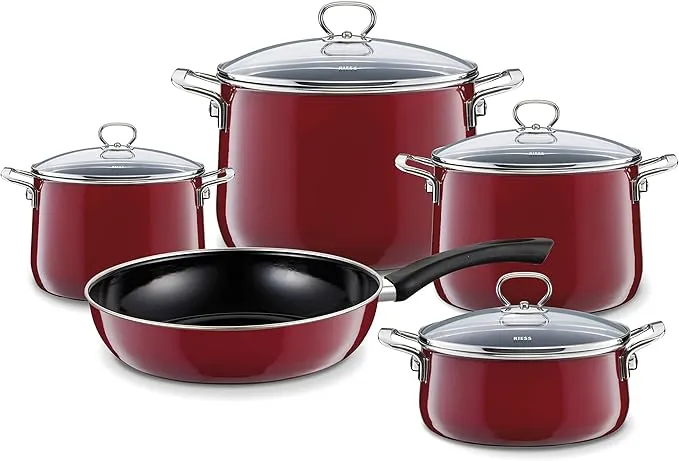 5‑Piece RIESS Novelle Rosso Enamel Cookware Set – Pots & Casserole with Glass Lids