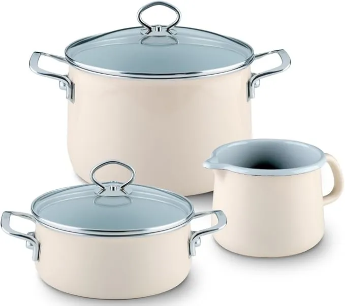 3-piece Riess Nouvelle Avorio starter cookware set, extra strong, stylish, and durable.