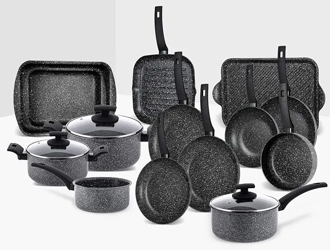 17-piece Rossetti Elementi Natura granite cookware set, healthy, dishwasher safe, and PFOA-free.