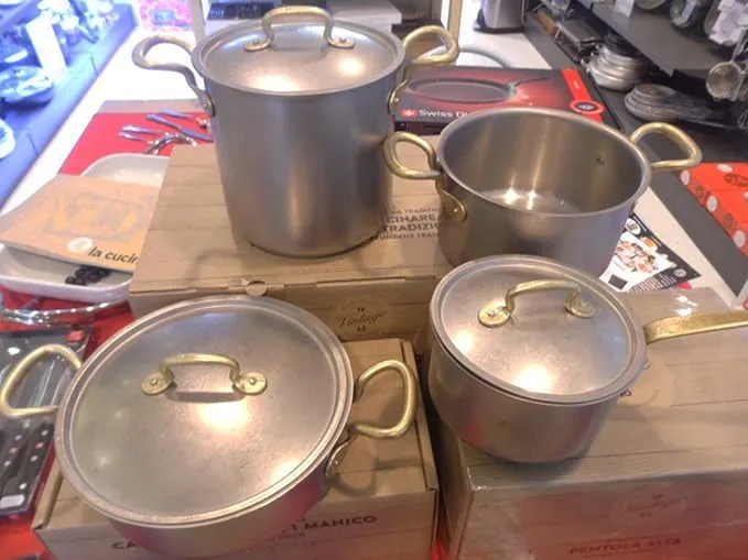 7-piece Sambonet vintage Italian stainless steel cookware set for home use.