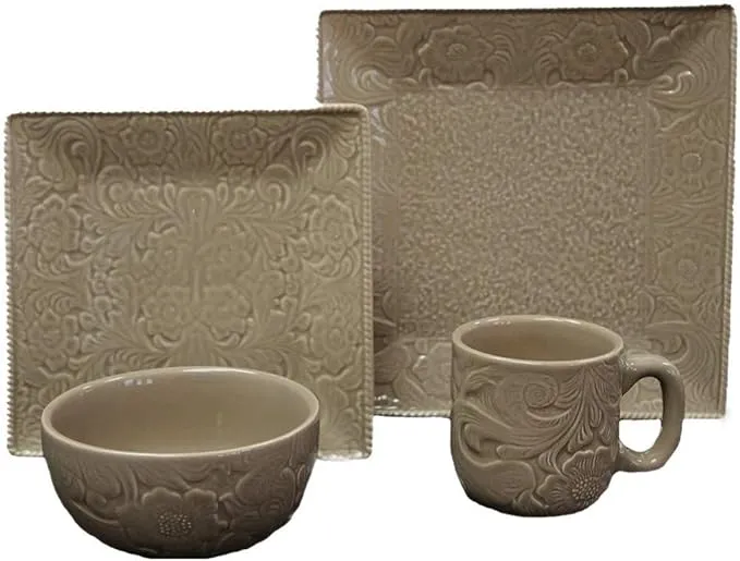 Savannah 16-piece dinnerware set with plates, bowls, and mugs.