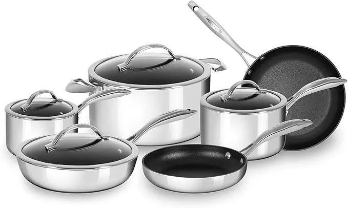 Scanpan HaptIQ 10-piece cookware set made of stainless steel and aluminum with pots and pans.