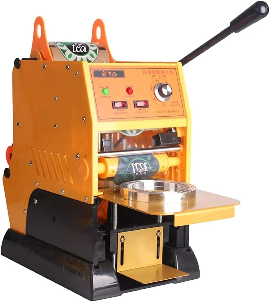 Semi automatic beverage cup sealing machine for commercial drink packaging.