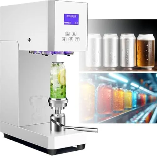 Semi automatic can sealing machine for commercial food and beverage packaging.