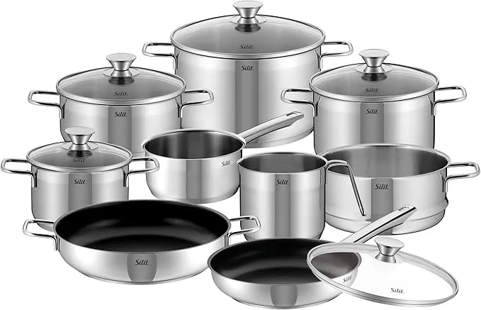 10-piece Silit Pisa stainless steel cookware set, durable, oven and induction ready.