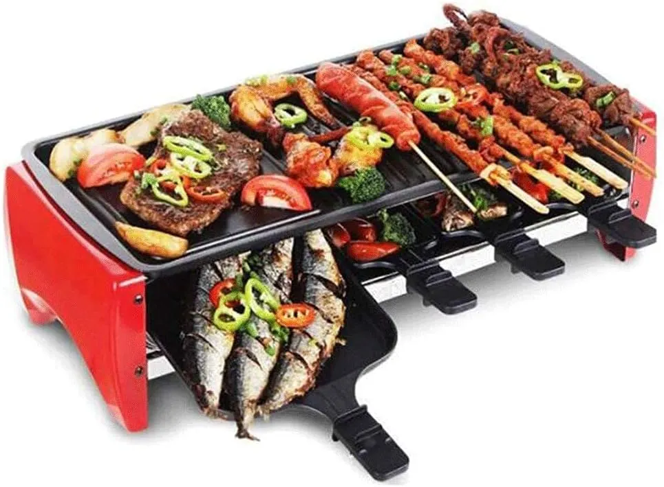 Smokeless multifunction electric barbecue grill with non-stick indoor cooking plate.