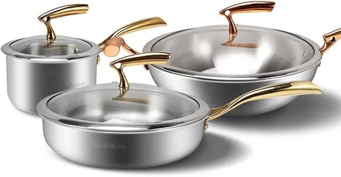 6-piece POOLTYC stainless steel nonstick cookware set including wok, frying pan, and milk pan.