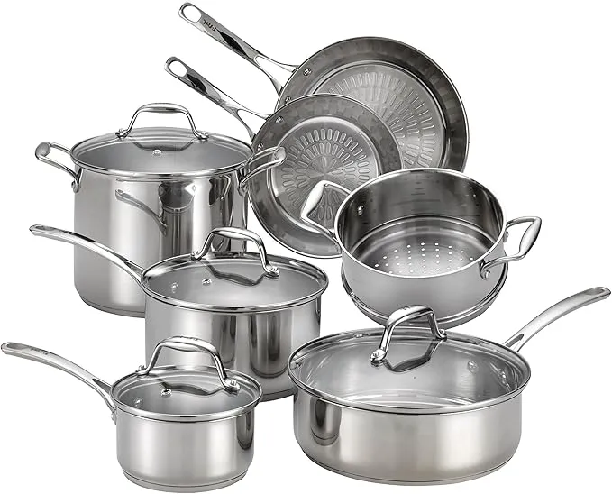 T-fal H800SB Performa X 11-piece stainless steel cookware set, dishwasher and oven safe.