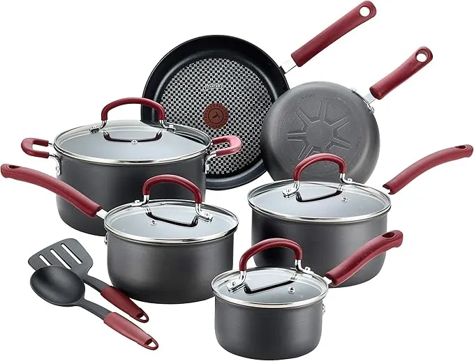 12-piece T-fal Ultimate hard-anodized cookware set with nonstick pots and pans, oven and dishwasher safe.