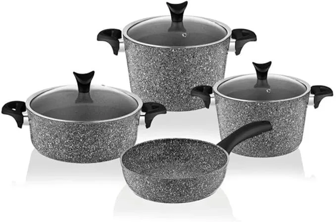 7-piece granite nonstick cookware set in gray with pots, pans, and kitchen utensils.
