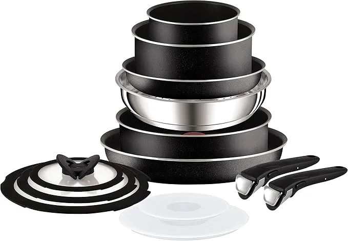 Tefal 13-piece Ingenio Essential nonstick sauce and frying pan set in black.