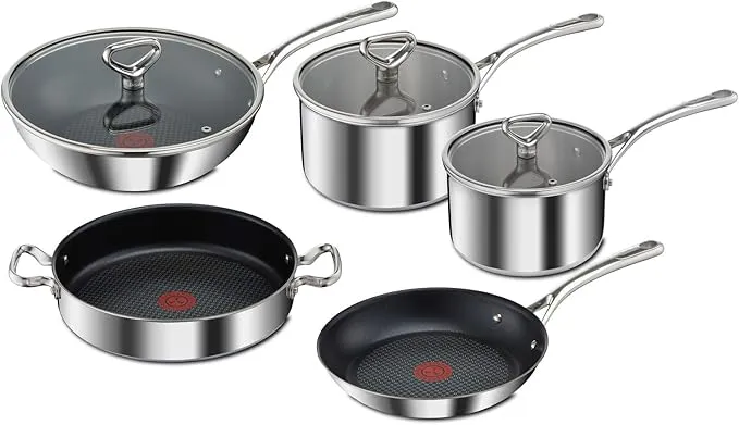 5-piece Tefal Collection tri-ply stainless steel cookware set, induction compatible.