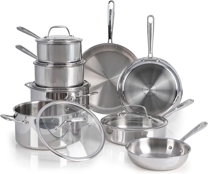 13-piece Tefal Pro tri-ply stainless steel cookware set, fast heating and durable.