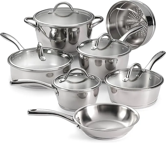 Tramontina 12-piece tri-ply stainless steel cookware set, premium Brazilian kitchenware.