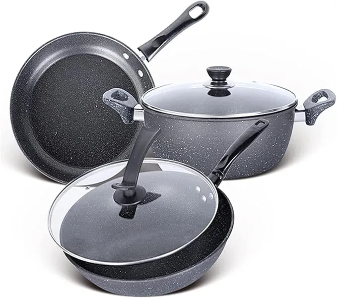 9-in-1 nonstick cookware set with frypan, wok, soup pot, stew pot, and steamer boilers.