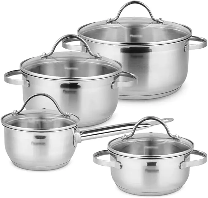 BaiBnn 8-piece stainless steel pots and pans set for home kitchen use.