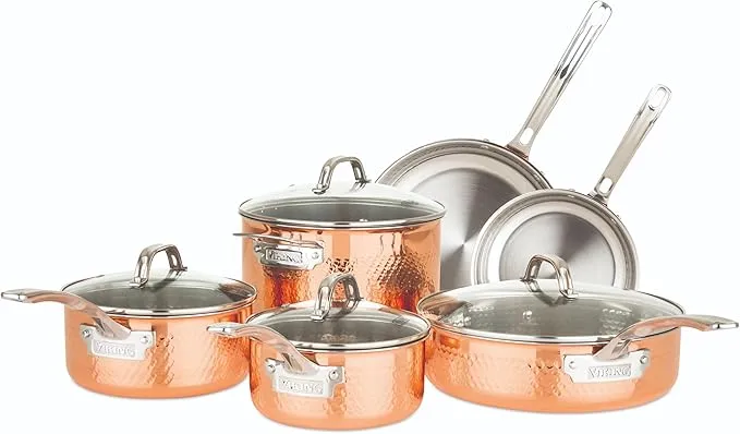 10-piece Viking 3-ply hammered copper-clad stainless steel cookware set, oven safe.