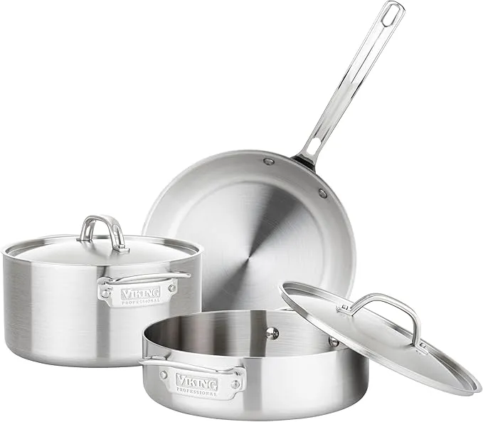 5-piece Viking 5-ply stainless steel cookware set, induction and oven safe.