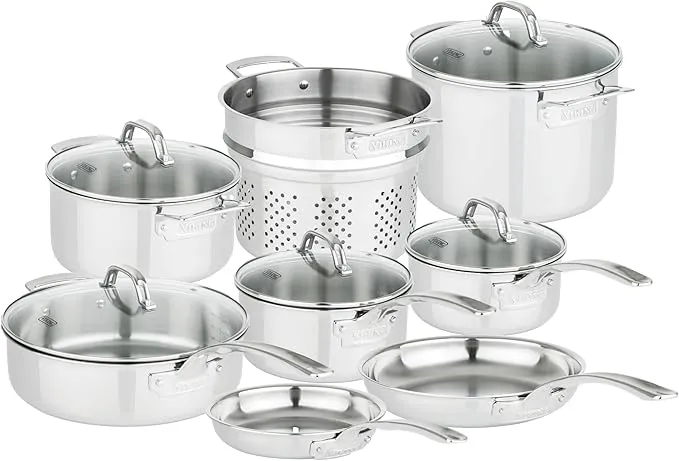 Viking Culinary 13-piece 3-ply stainless steel cookware set with pots and pans.