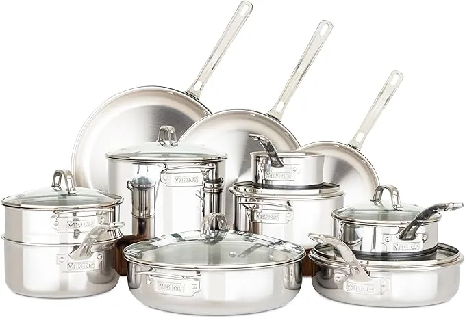 Viking Culinary 17-piece 3-ply stainless steel cookware set with pots and pans.