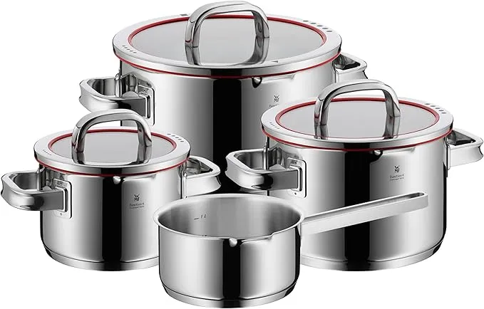 WMF Function 4-piece stainless steel cookware set with pots and pans for kitchen use.