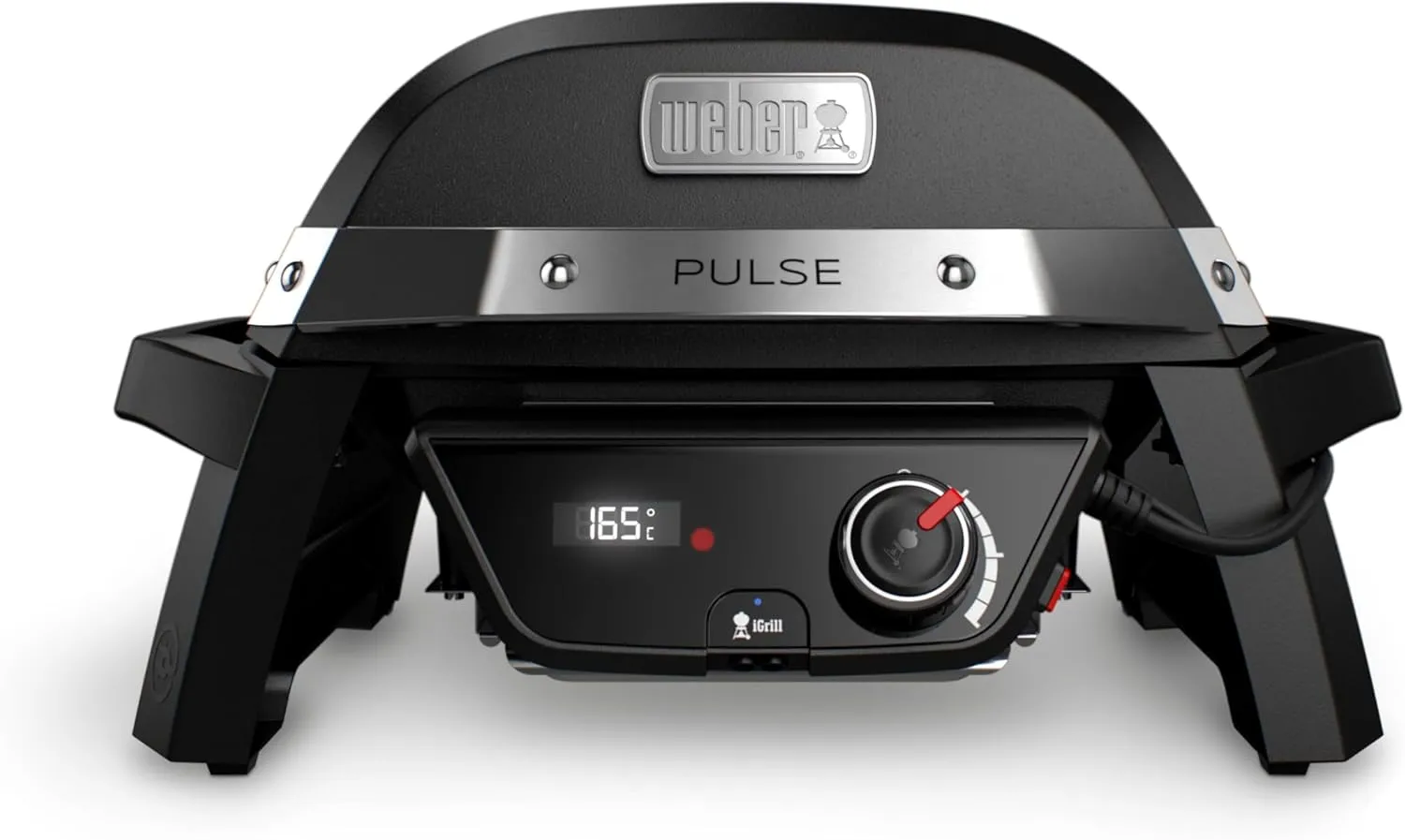 Weber Pulse 1000 electric grill with 41 × 31 cm cooking surface and built-in digital thermometer.