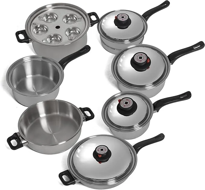 17-piece World's Finest 7-ply T304 stainless steel cookware set with steam control lids.