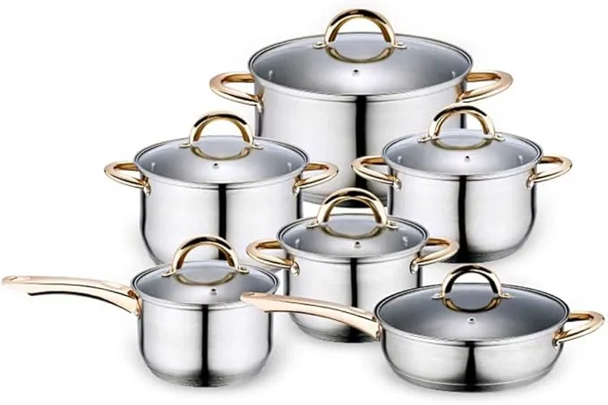 XYJPCC 12-piece stainless steel cookware set with pots, pans, and glass lids for home kitchen.