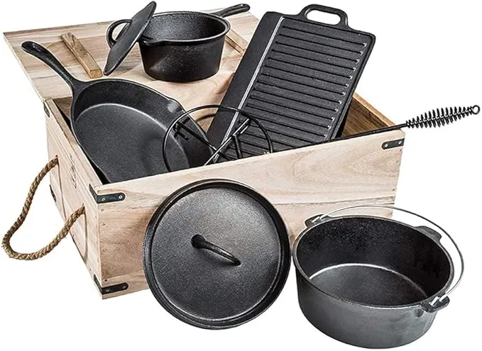 ZJCQA 7-Piece Pre-Seasoned Cast Iron Cookware Set – Outdoor Dutch Oven
