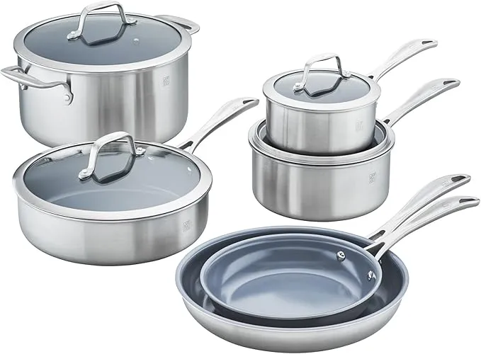 10-piece ZWILLING HENCKELS ceramic cookware set, nonstick, oven-safe, and easy to clean.