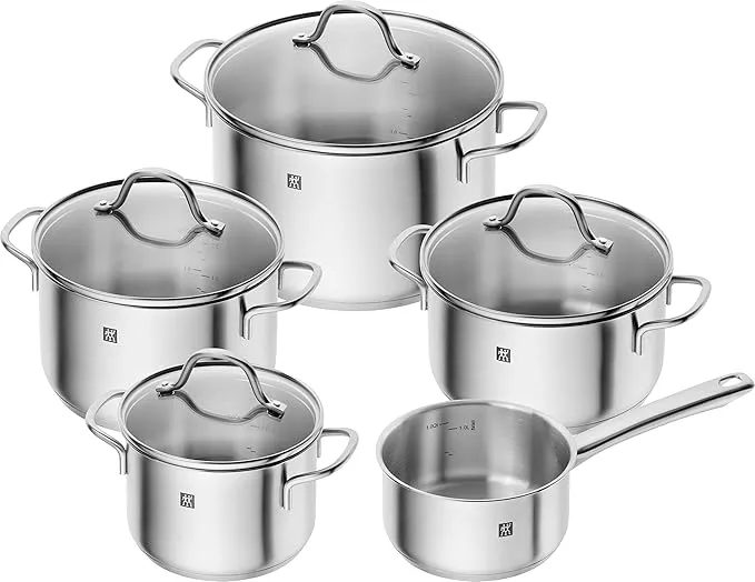 5-piece Zwilling stainless steel cooking pot set, induction ready with lids.