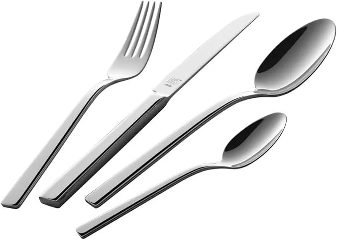 68-piece Zwilling cutlery set in stainless steel, dishwasher safe.