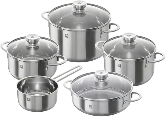 5-piece Zwilling Twin Nova stainless steel cookware set with professional pots and pans for even heating.