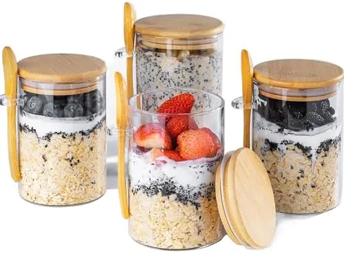 Overnight Oats Containers with Lids, 16 oz Overnight Oats Jars, 4 Pack Meal Prep Cups, Glass Meal Prep Containers with Lids, Glass Jar with Lid for Chia Pudding, Yogurt, Salad, Grains