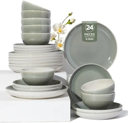 BOCINI 24-Piece Reactive Glaze Dinnerware Set for 8 - Plates, Bowls - Durable Stoneware - Microwave & Dishwasher Safe - Giftable