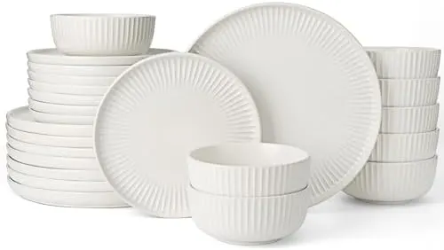 Famiware Starlight Dinnerware Sets of 8, Plates and Bowls Sets (24-Piece), Ridge Textured Kitchen Set, Chip Resistant Dishes - Dishwasher & Microwave Safe, Reactive Glaze, Matte White