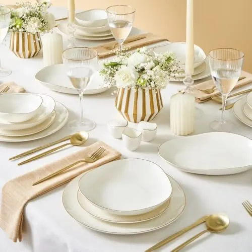 Karaca Stream Bone Middle 53-Piece Dinnerware Set, Dinnerware Service for 12, Plate Set with Gold Accents, Elegant Porcelain Dinnerware, White