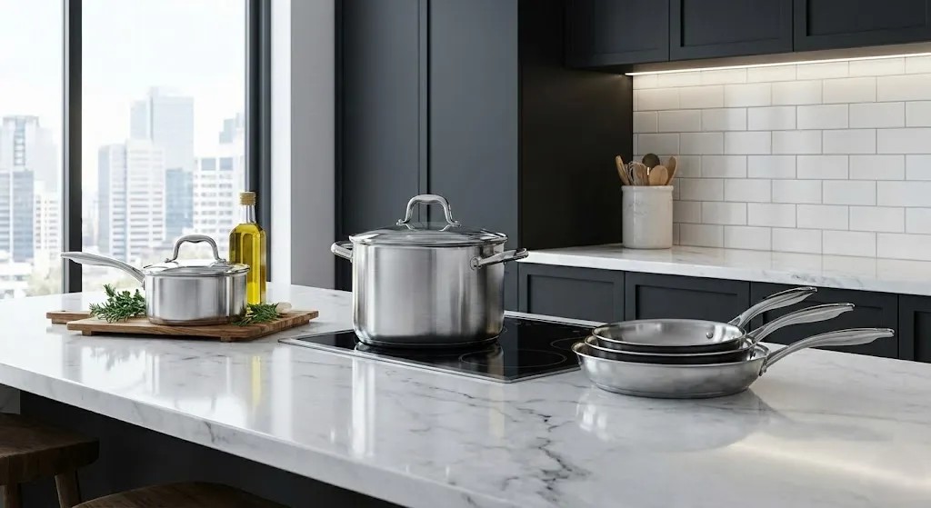Close‑up of Berghoff cookware pieces arranged together for review and buying tips.