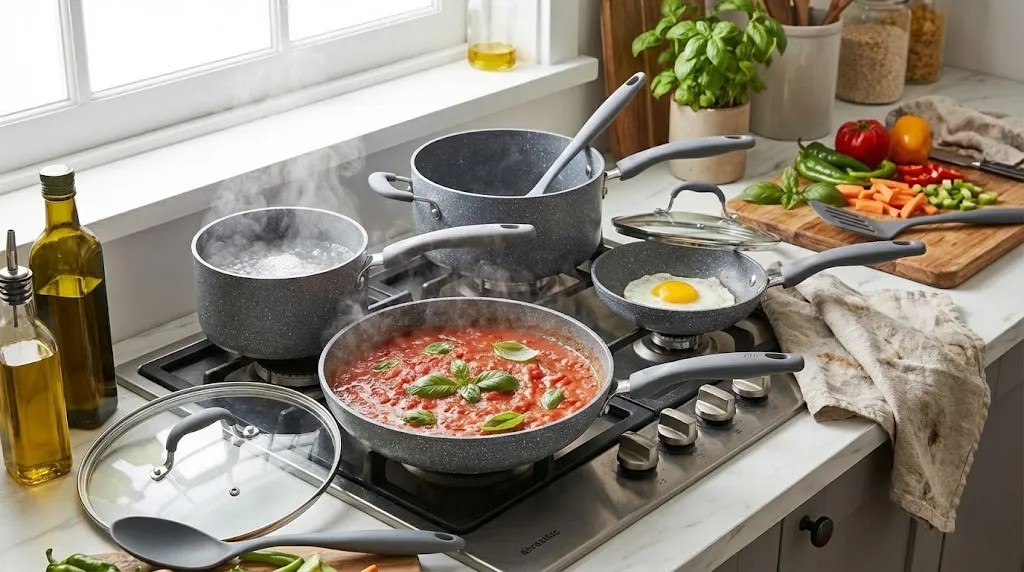 High-quality nonstick cookware set arranged on a kitchen countertop for cooking.