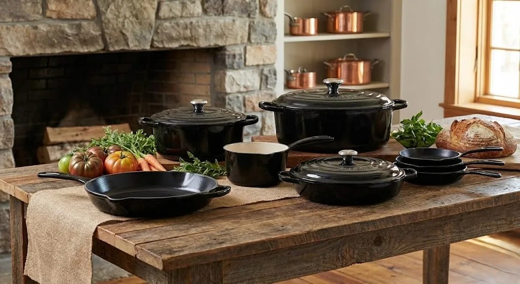 A collection of cast iron cookware including skillets and Dutch ovens arranged on a kitchen surface.