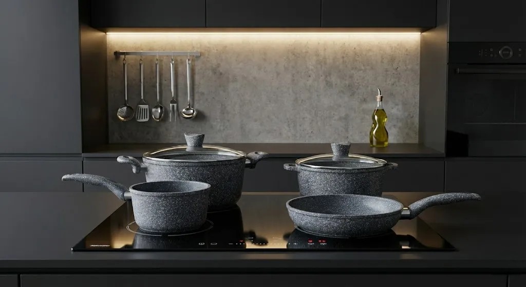 Granite cookware set with nonstick pots and pans displayed in a kitchen setting