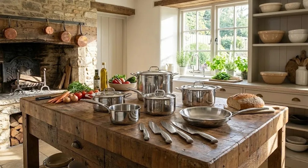 Stainless steel cookware pieces including pots and pans arranged on a kitchen countertop.