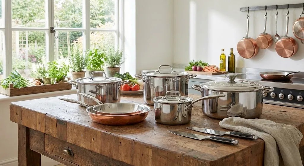 Selection of high‑quality cookware pieces arranged on a kitchen surface.