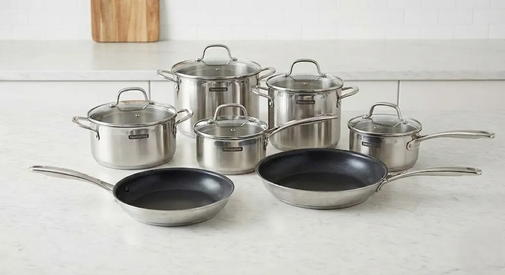 Tramontina cookware set featuring pots and pans on a kitchen countertop