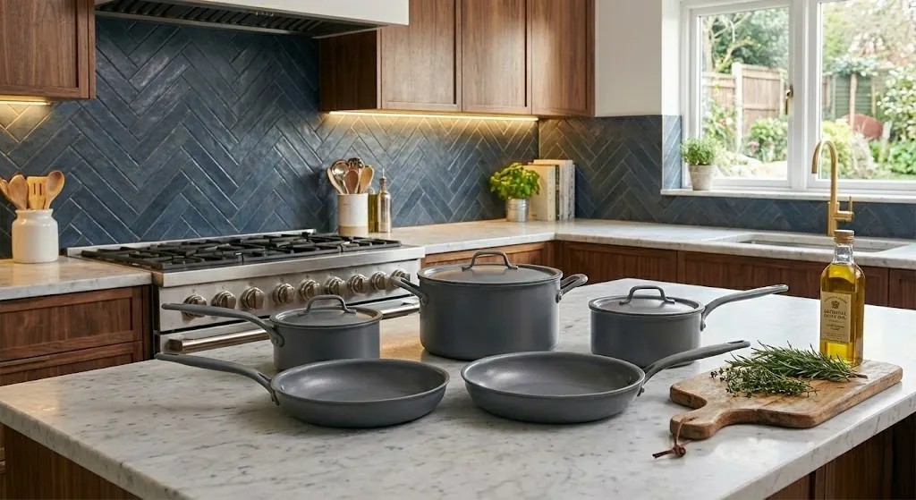 Tefal cookware set with nonstick pots and pans arranged for kitchen use