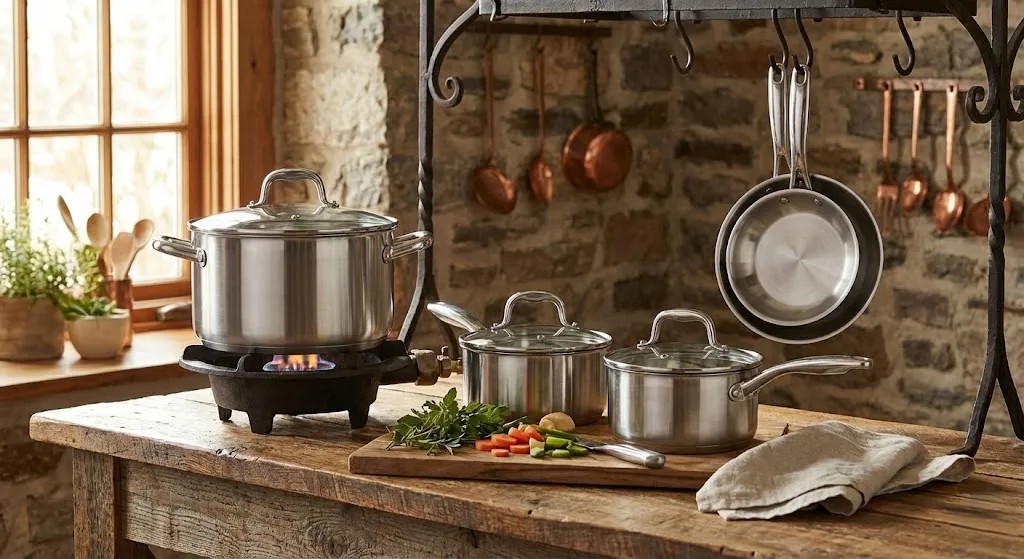 Berghoff cookware set with assorted pots and pans displayed on a kitchen surface.