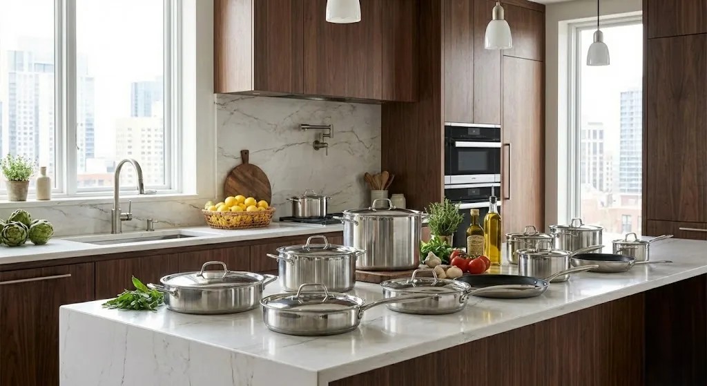 Premium kitchen accessories like utensils and tools arranged on a modern kitchen countertop.
