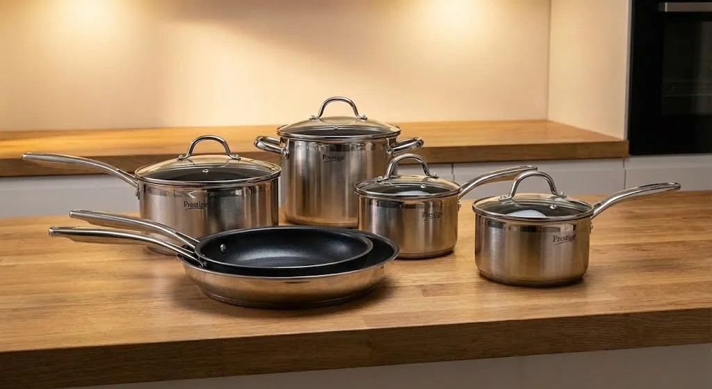 Assorted Prestige nonstick and stainless cookware pieces arranged for a buying guide and review.