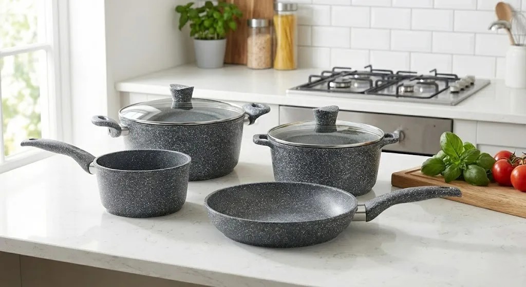 Granite cookware set with multiple nonstick pots and pans displayed on a kitchen surface.