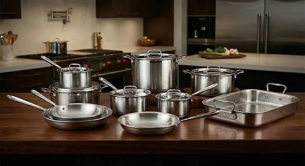 Premium stainless steel cookware set with high-end pots and pans displayed on a kitchen surface